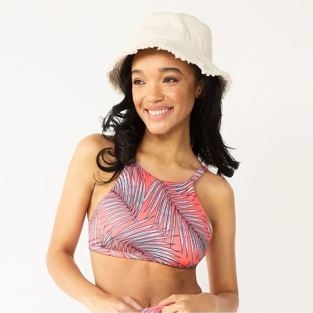 NWT Hurley Womens S Pink Tropical High Neck Bikini Top Ribbed Twist Back Swim